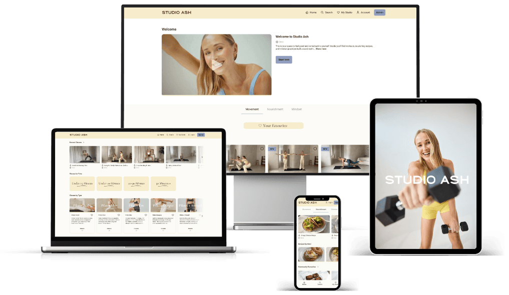 Studio Ash app shown on desktop, laptop, tablet and phone